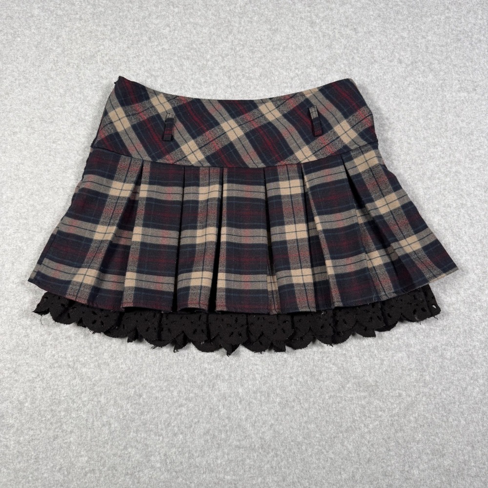 MZG Plaid Pleated Mini Skirt Black Lace Trim Dark Academia Schoolgirl Navy Tan